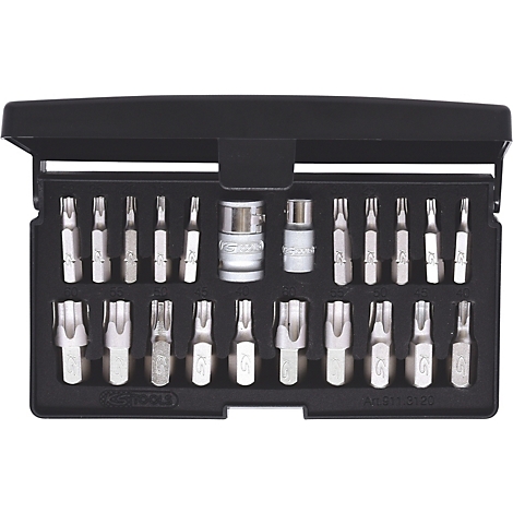 Werkzeugkasten mit Torx-Bits. Der Kasten ist geöffnet und zeigt verschiedene Bits. Die Bits sind aus Metall und in einer schwarzen Kunststoffbox angeordnet.